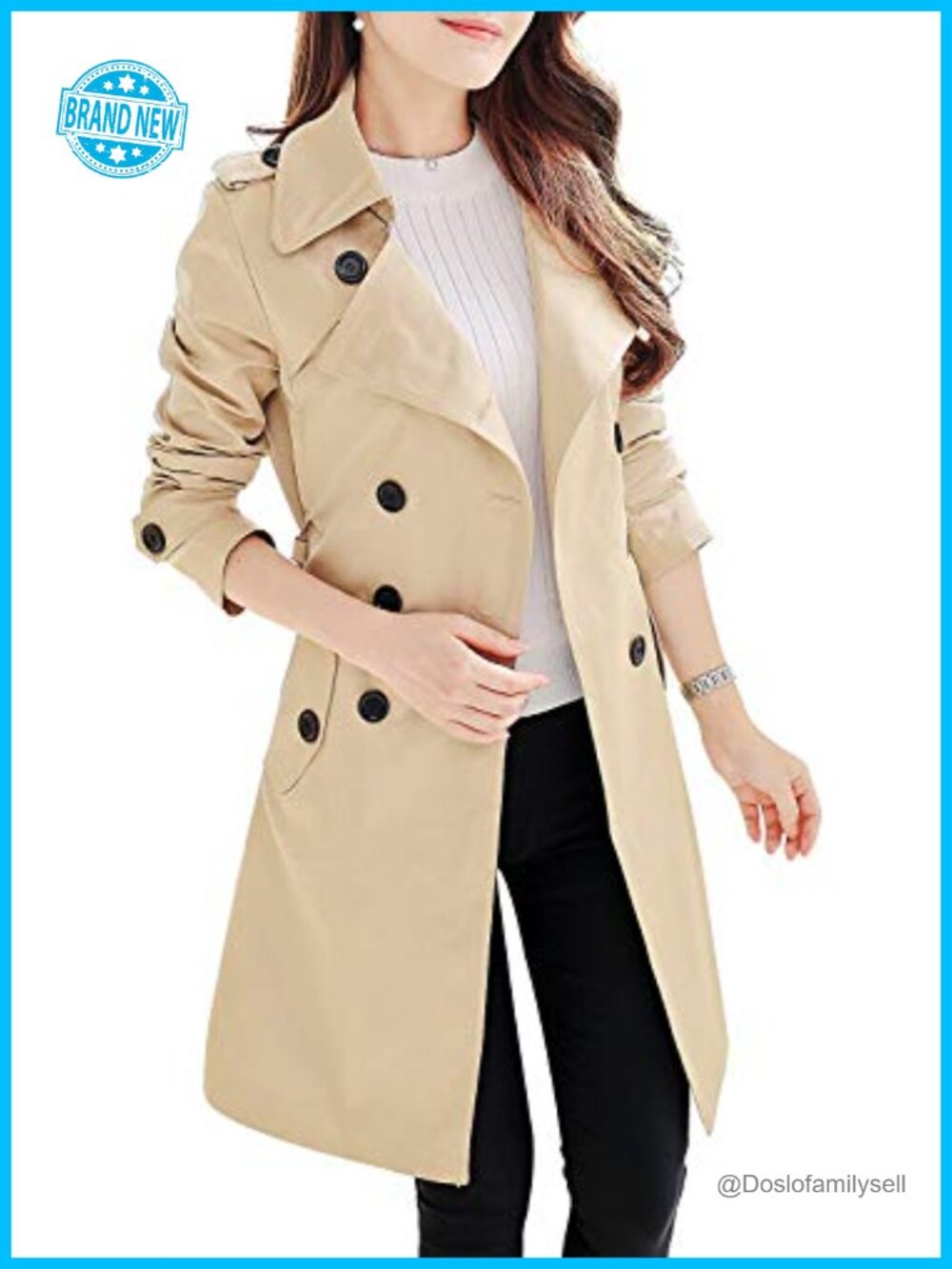 Women's Double Breasted Trench Coat Waterproof Belted Slim Fit